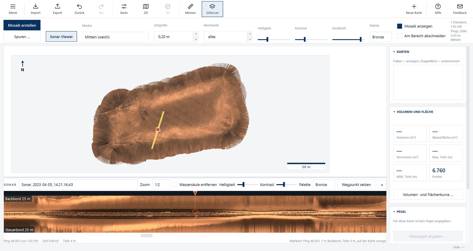 SonarMapper: Sidescan-Mosaik auf der Karte und Sonar-Viewer darunter