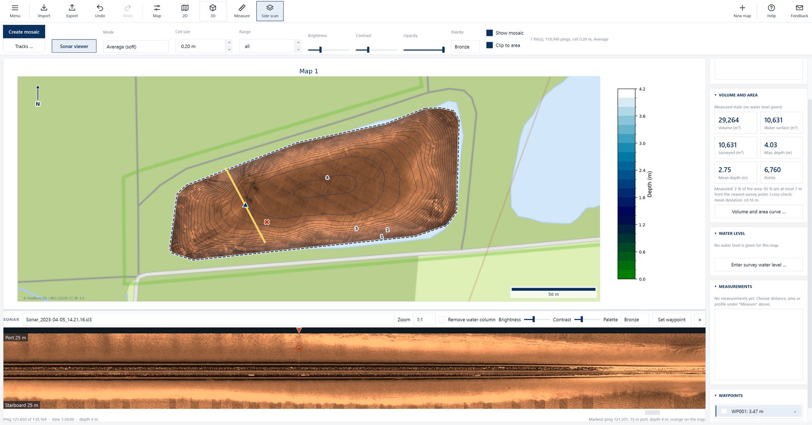 SonarMapper: side-scan mosaic on the map with the sonar viewer below