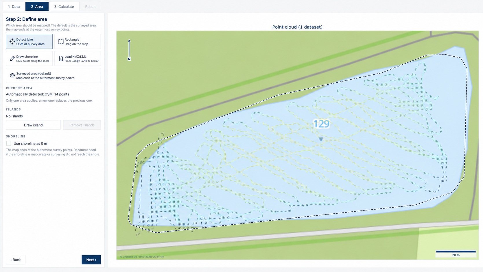 SonarMapper: lake detected automatically, survey runs as a point cloud