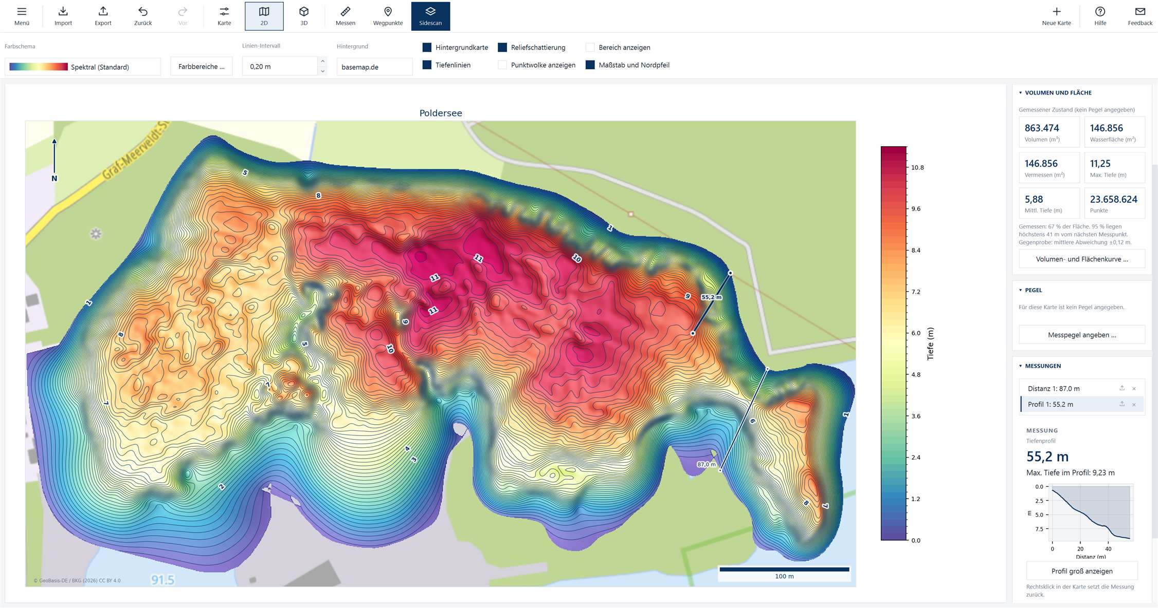 SonarMapper: Tiefenkarte eines Sees mit Volumen, Wasserfläche und Tiefenprofil