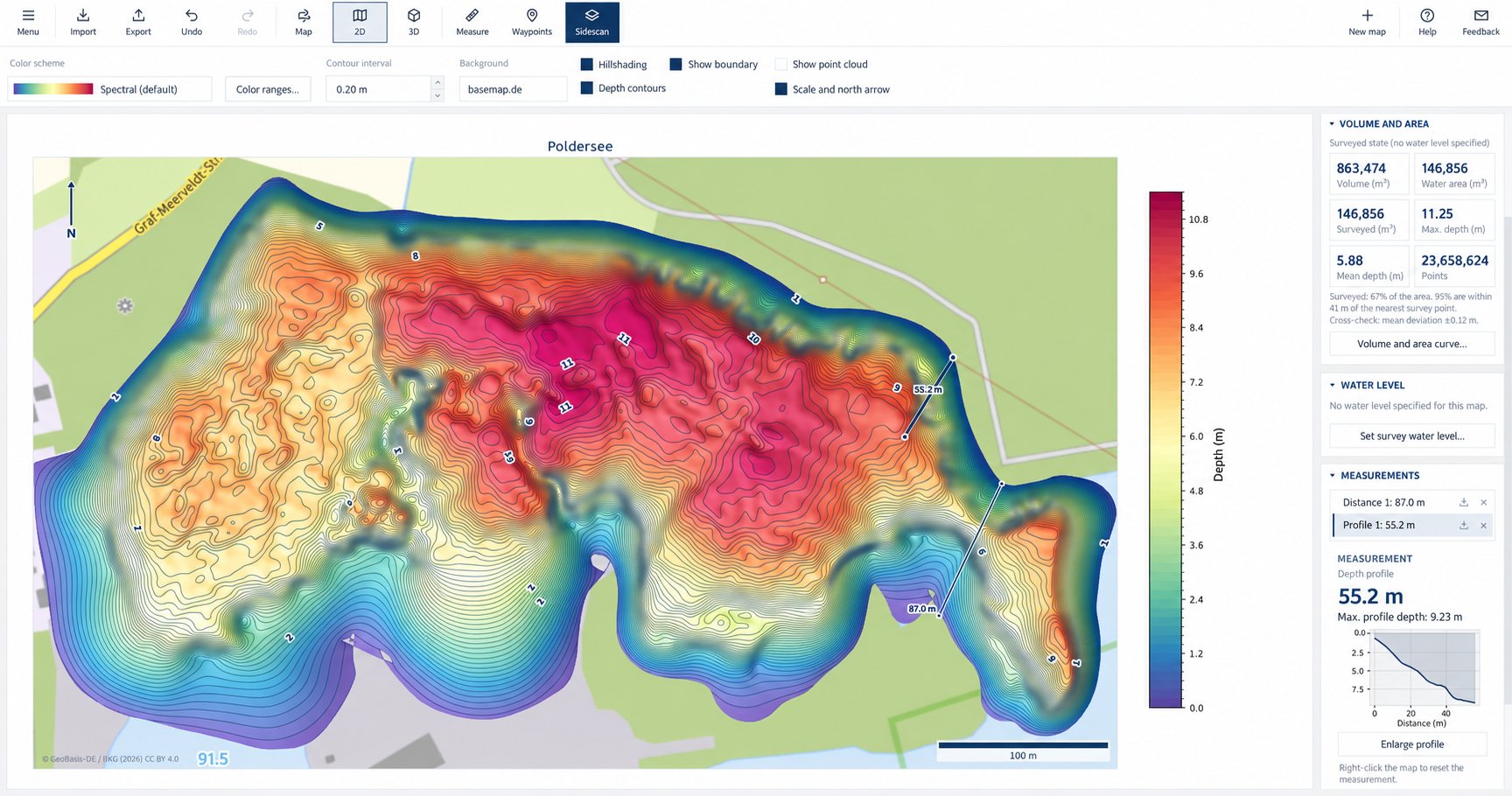 SonarMapper: depth map of a lake with volume, water surface and depth profile