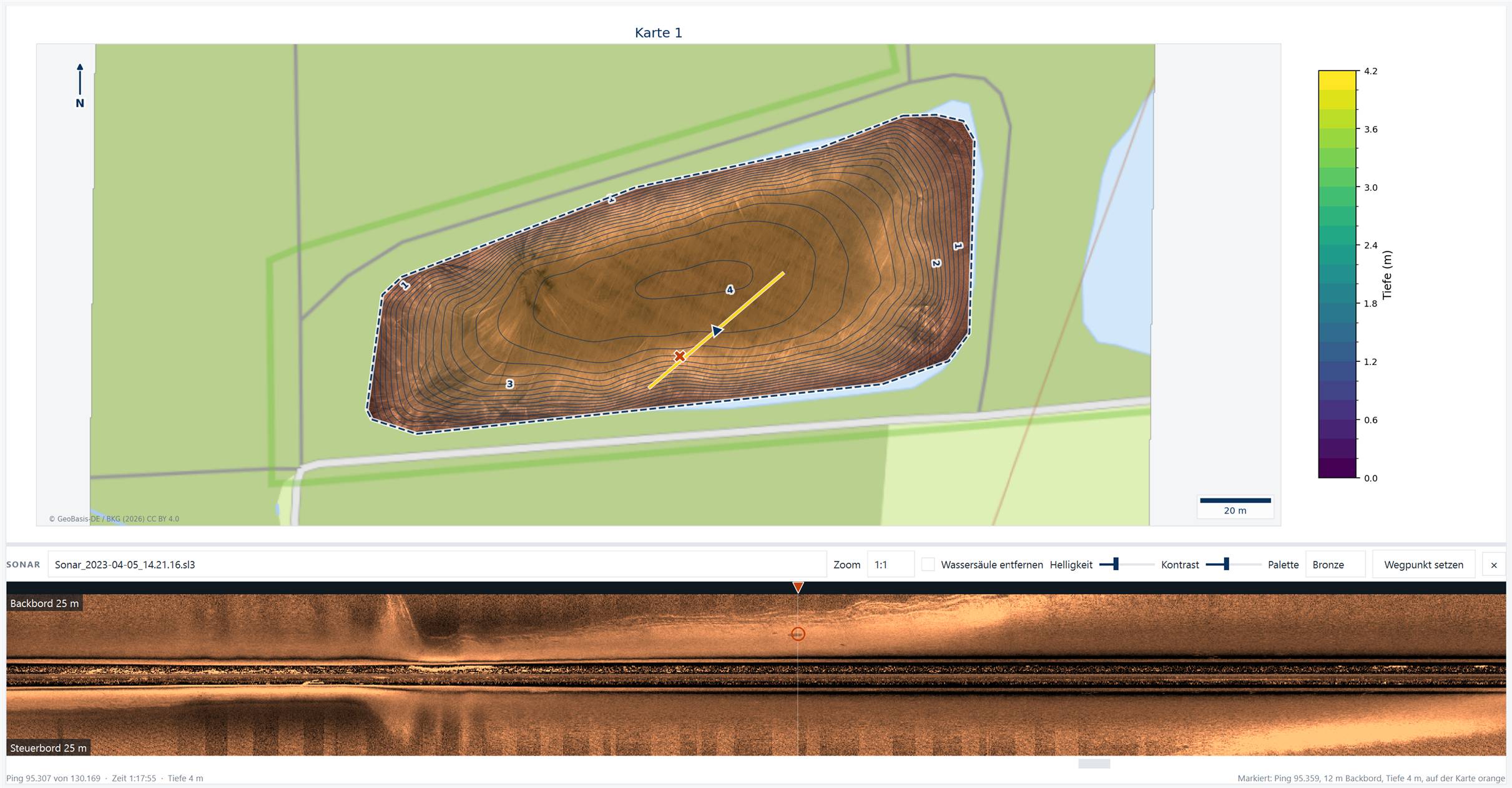 SonarMapper: Sonar-Viewer unter der Karte, die Position ist in der Karte markiert