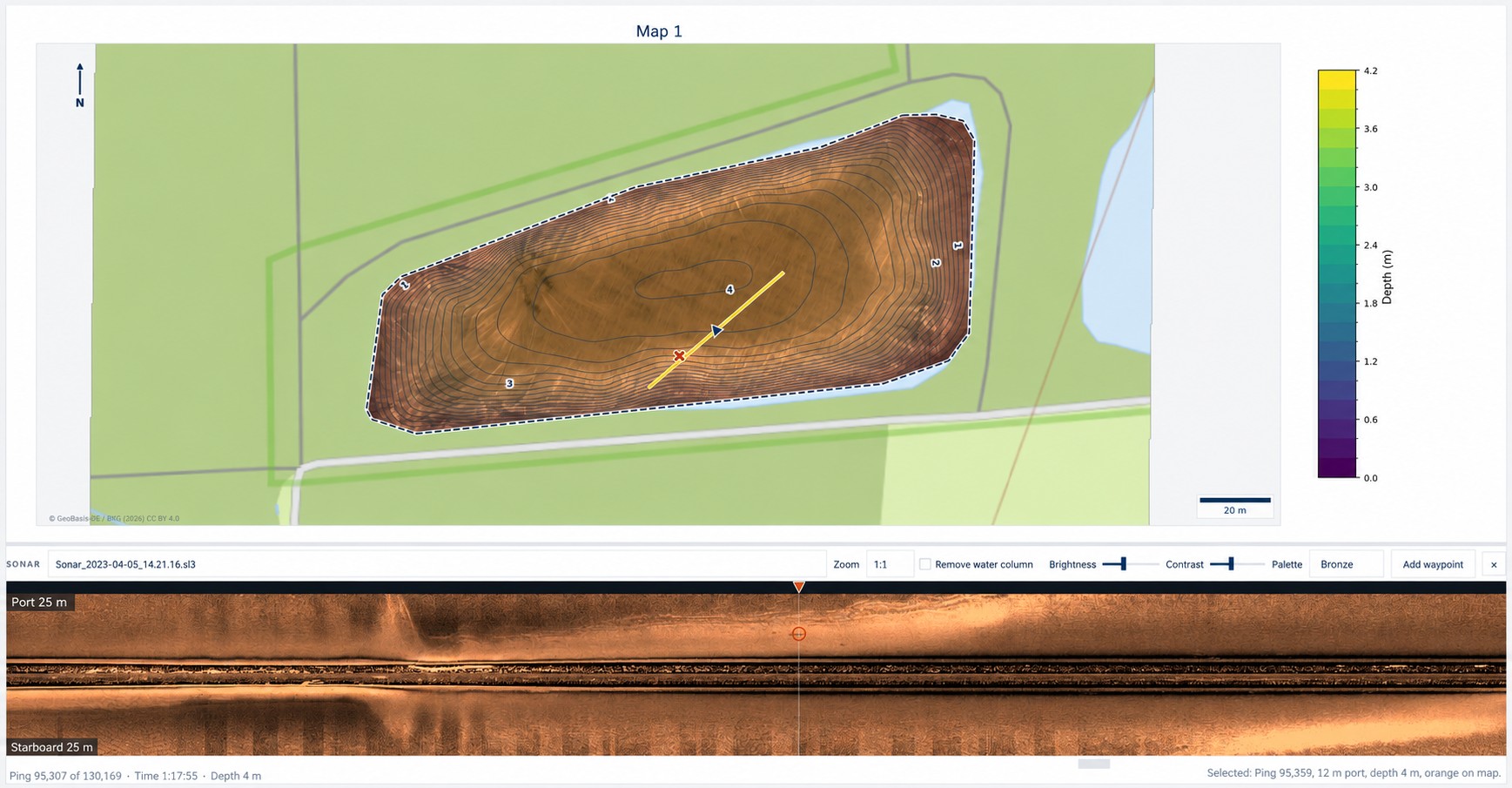 SonarMapper: sonar viewer below the map, the position is marked on the map