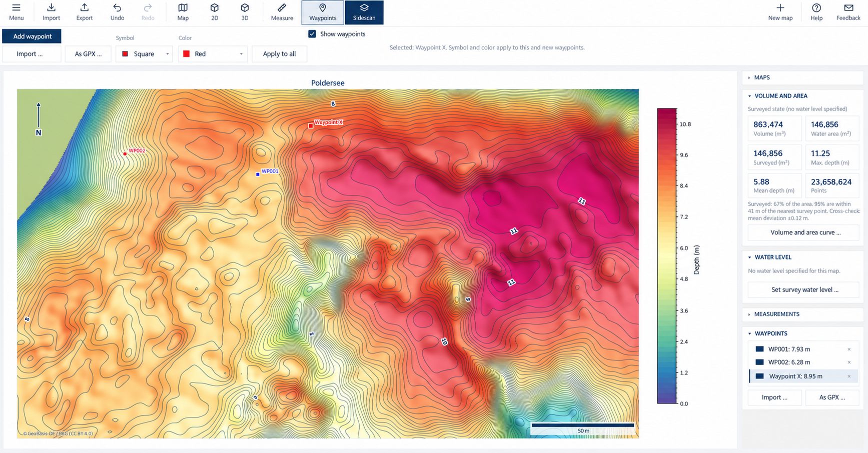 SonarMapper: depth map with contour lines and waypoints